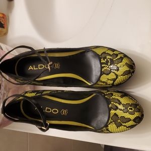 wedge from Aldo yellow  and black. black lace  over the yellow.